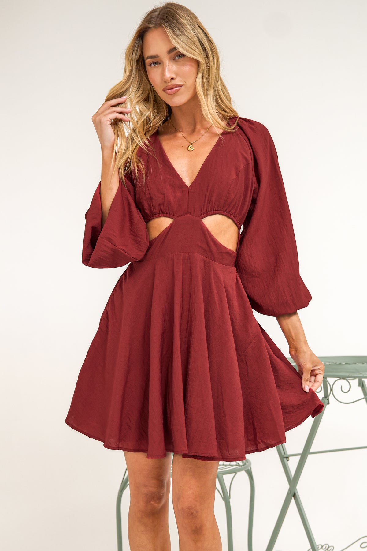 Isabeau Mini Dress - Cutout Waist Fit and Flare Dress with Long Balloon Sleeves in Wine