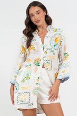Isadora Mini Dress - Collared Button-Down Shirt Dress with Wide Sleeves in Limone Print