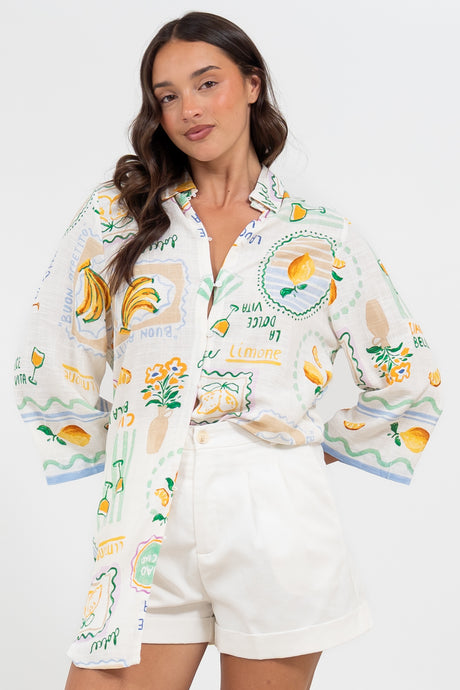 Isadora Mini Dress - Collared Button-Down Shirt Dress with Wide Sleeves in Limone Print