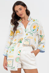 Isadora Mini Dress - Collared Button-Down Shirt Dress with Wide Sleeves in Limone Print