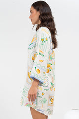 Isadora Mini Dress - Collared Button-Down Shirt Dress with Wide Sleeves in Limone Print