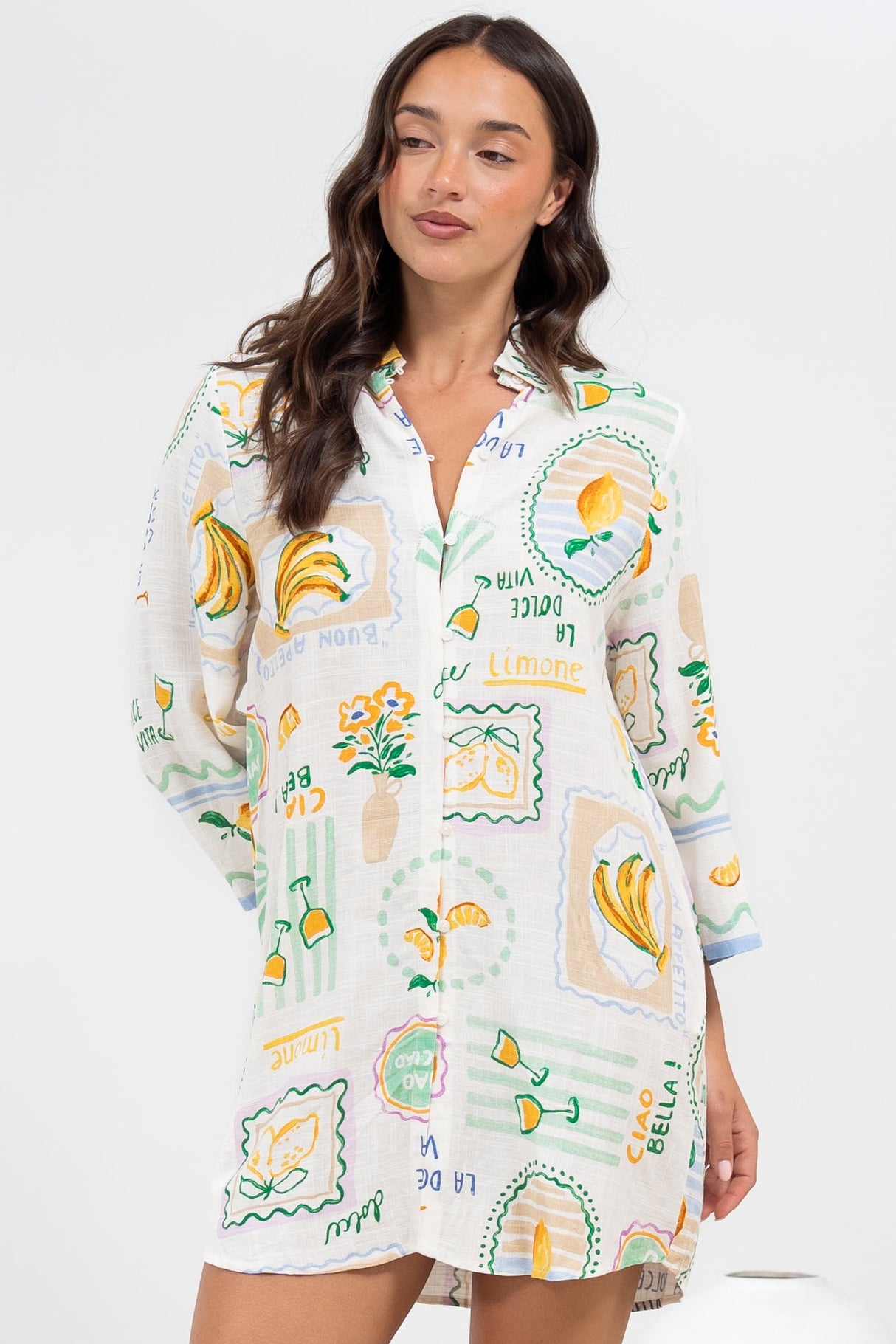 Isadora Mini Dress - Collared Button-Down Shirt Dress with Wide Sleeves in Limone Print