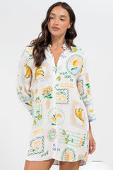 Isadora Mini Dress - Collared Button-Down Shirt Dress with Wide Sleeves in Limone Print