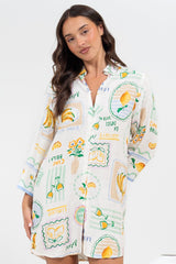 Isadora Mini Dress - Collared Button-Down Shirt Dress with Wide Sleeves in Limone Print