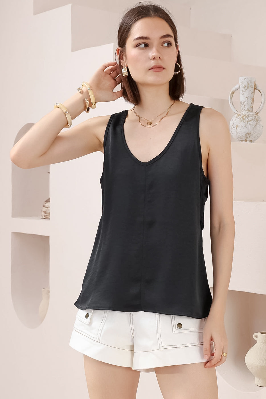 Isla Top - V-Neck Textured Sleeveless Top in Black