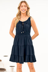 Isola Mini Dress - Sleeveless Tiered A Line Dress with Neck Tie in Navy