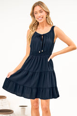 Isola Mini Dress - Sleeveless Tiered A Line Dress with Neck Tie in Navy
