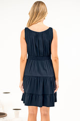 Isola Mini Dress - Sleeveless Tiered A Line Dress with Neck Tie in Navy