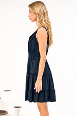 Isola Mini Dress - Sleeveless Tiered A Line Dress with Neck Tie in Navy