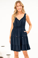 Isola Mini Dress - Sleeveless Tiered A Line Dress with Neck Tie in Navy