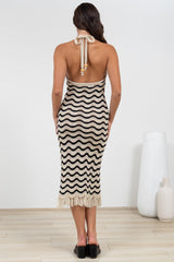Izumi Maxi Dress - Halter Neck Knit Dress with Tassel Hemline in Black/Cream