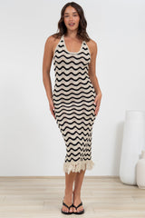 Izumi Maxi Dress - Halter Neck Knit Dress with Tassel Hemline in Black/Cream