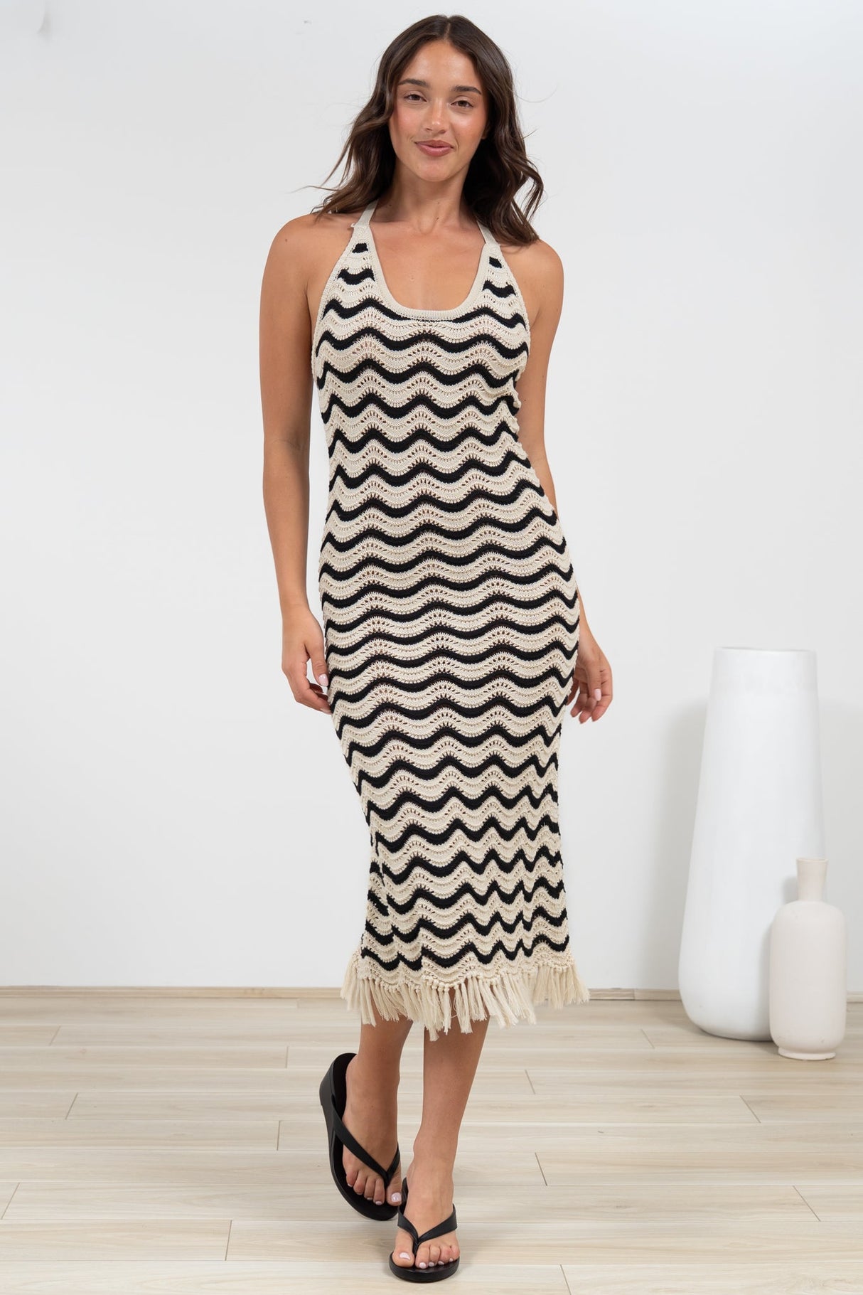 Izumi Maxi Dress - Halter Neck Knit Dress with Tassel Hemline in Black/Cream