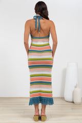 Izumi Maxi Dress - Halter Neck Knit Dress with Tassel Hemline in Rainbow