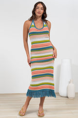Izumi Maxi Dress - Halter Neck Knit Dress with Tassel Hemline in Rainbow