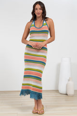 Izumi Maxi Dress - Halter Neck Knit Dress with Tassel Hemline in Rainbow