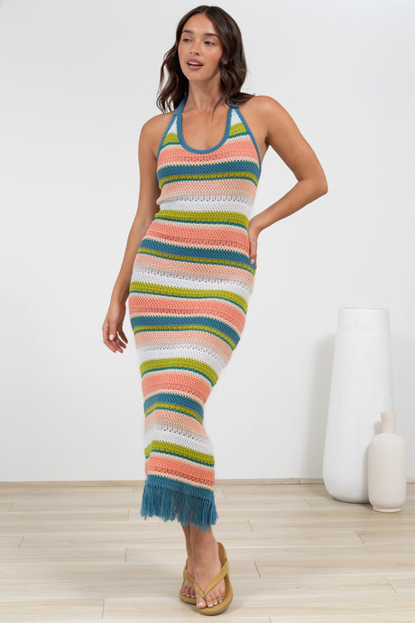 Izumi Maxi Dress - Halter Neck Knit Dress with Tassel Hemline in Rainbow