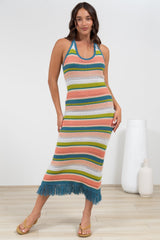 Izumi Maxi Dress - Halter Neck Knit Dress with Tassel Hemline in Rainbow