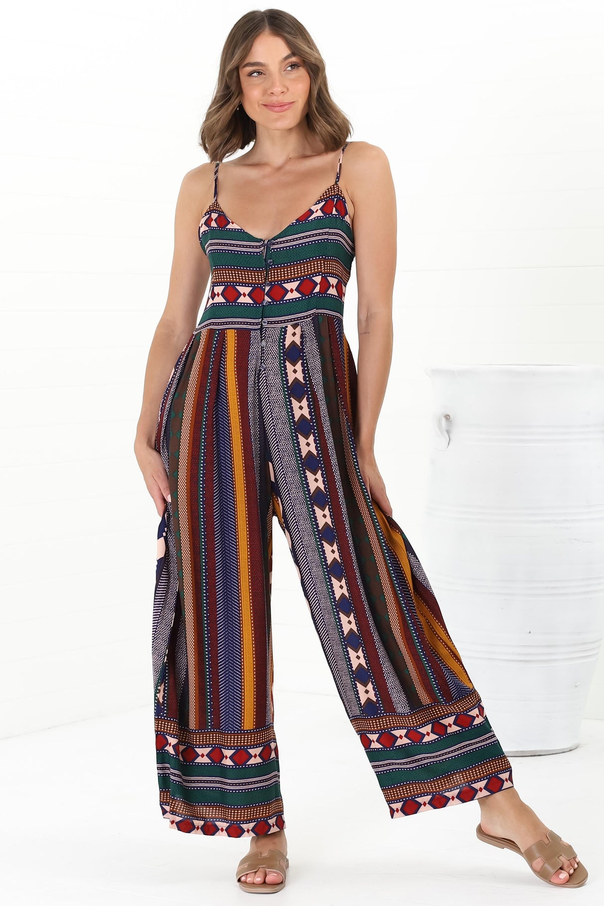 JAASE - Aztec Print Jumpsuit: Adjustable Strap Wide Leg Jumpsuit