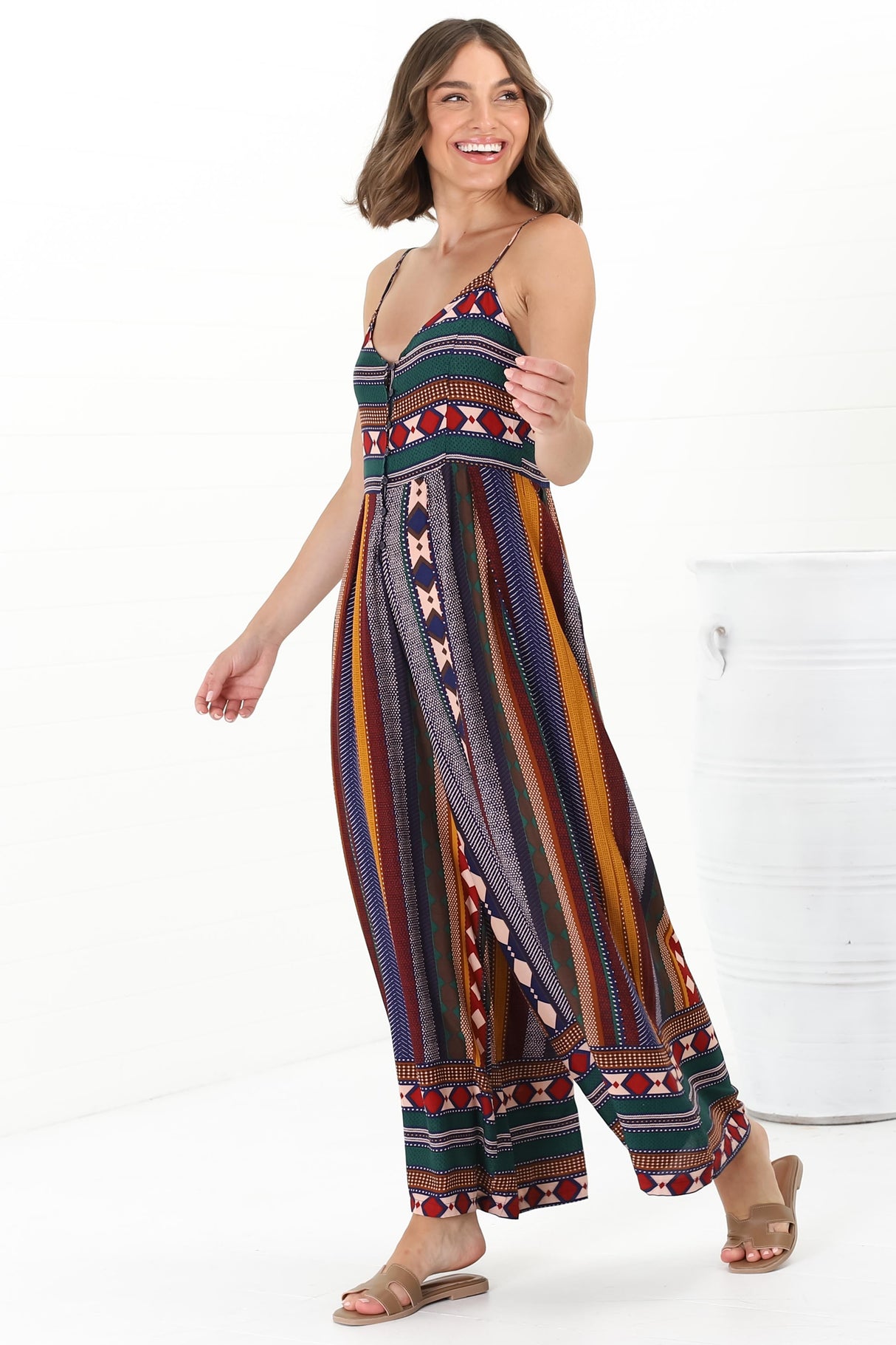 JAASE - Aztec Print Jumpsuit: Adjustable Strap Wide Leg Jumpsuit