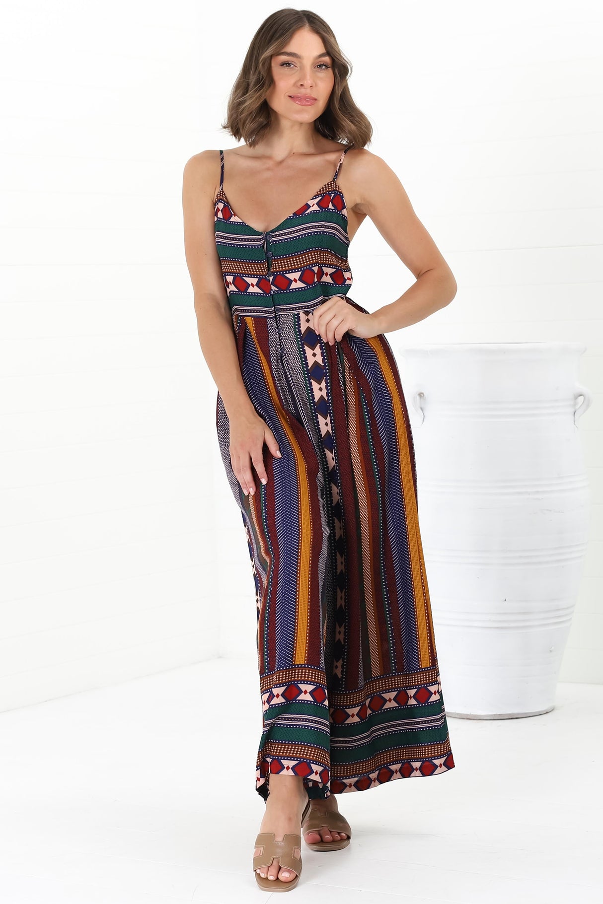 JAASE - Aztec Print Jumpsuit: Adjustable Strap Wide Leg Jumpsuit