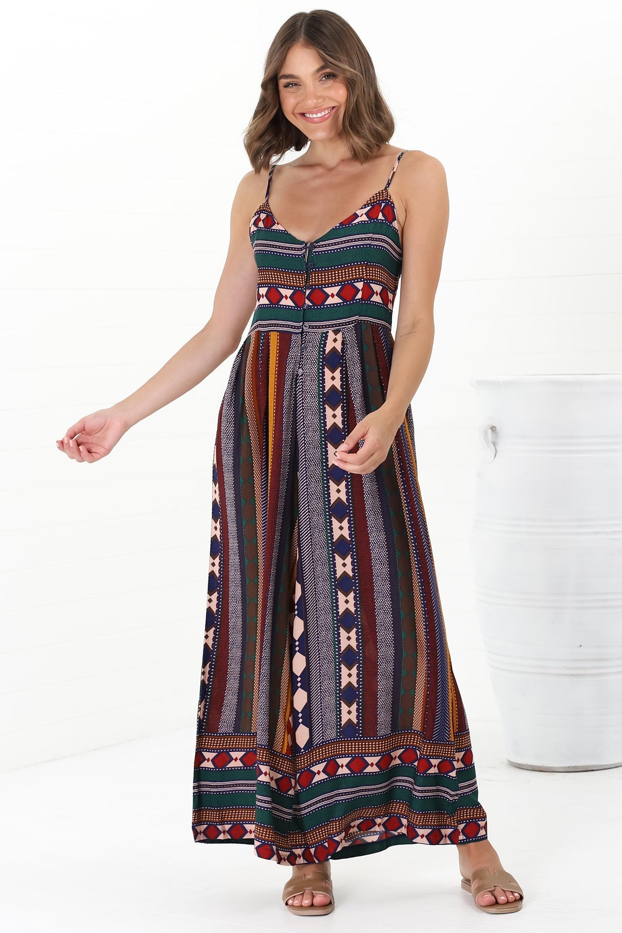 JAASE - Aztec Print Jumpsuit: Adjustable Strap Wide Leg Jumpsuit