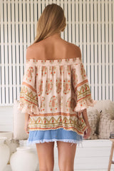 JAASE - Clover Top: Elasticated Off the Shoulder Crochet Trim Sleeves Top in Heirloom Print