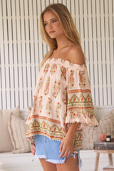 JAASE - Clover Top: Elasticated Off the Shoulder Crochet Trim Sleeves Top in Heirloom Print