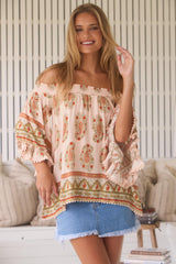 JAASE - Clover Top: Elasticated Off the Shoulder Crochet Trim Sleeves Top in Heirloom Print