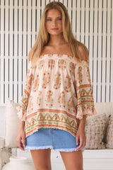 JAASE - Clover Top: Elasticated Off the Shoulder Crochet Trim Sleeves Top in Heirloom Print