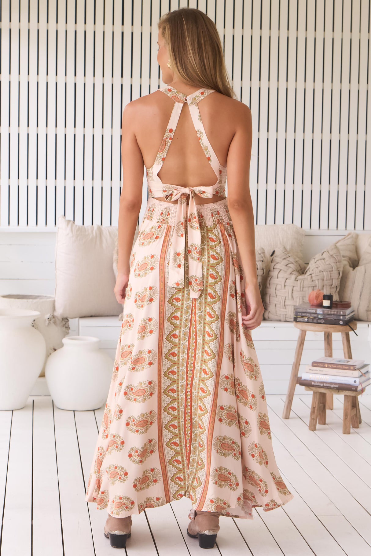 JAASE - Endless Maxi Dress: Halter Crochet Detailed Dress in Heirloom Print