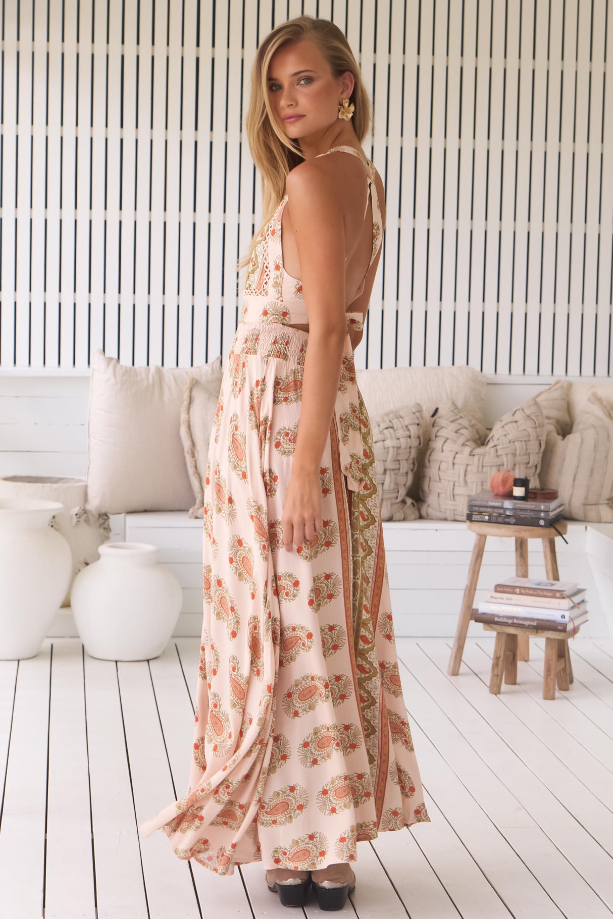 JAASE - Endless Maxi Dress: Halter Crochet Detailed Dress in Heirloom Print