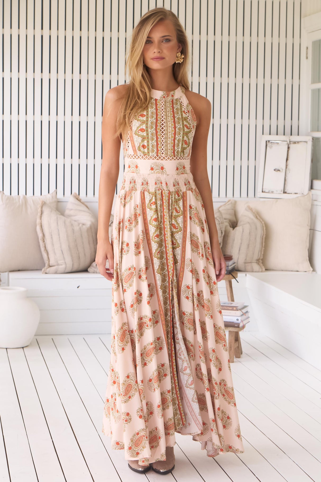 JAASE - Endless Maxi Dress: Halter Crochet Detailed Dress in Heirloom Print