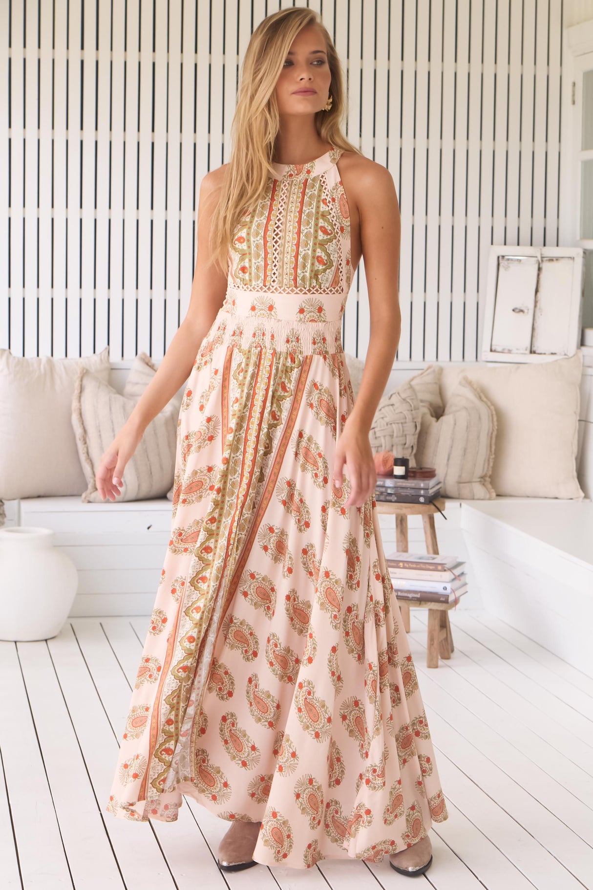 JAASE - Endless Maxi Dress: Halter Crochet Detailed Dress in Heirloom Print