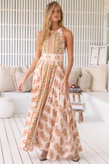 JAASE - Endless Maxi Dress: Halter Crochet Detailed Dress in Heirloom Print