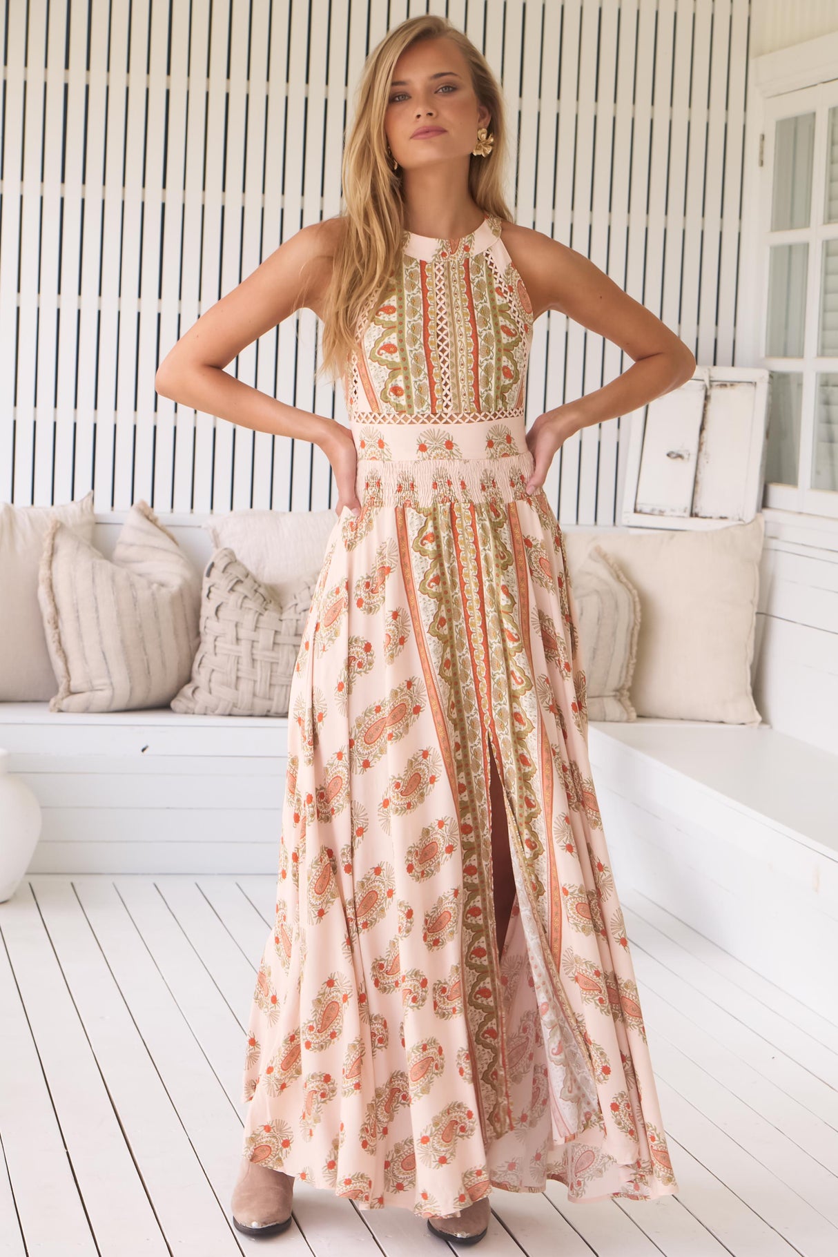 JAASE - Endless Maxi Dress: Halter Crochet Detailed Dress in Heirloom Print