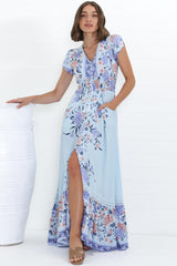 JAASE - Romi Maxi Dress: V Neck Cap Sleeve A-Line Button Through Dress in Heaven Print