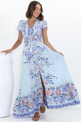 JAASE - Romi Maxi Dress: V Neck Cap Sleeve A-Line Button Through Dress in Heaven Print