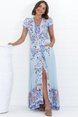 JAASE - Romi Maxi Dress: V Neck Cap Sleeve A-Line Button Through Dress in Heaven Print