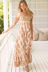 JAASE - Romi Maxi Dress: Button Down Cap Sleeve Dress with Waist Tie in Heirloom Print