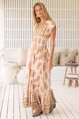 JAASE - Romi Maxi Dress: Button Down Cap Sleeve Dress with Waist Tie in Heirloom Print