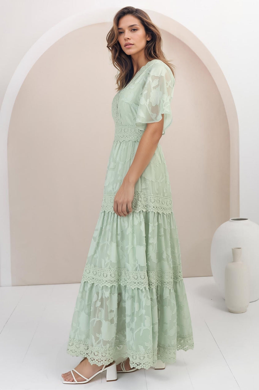 Madeline Maxi Dress - Lace Trim Embroidered A Line Dress in Mint