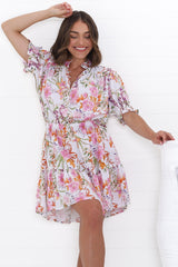 JAASE - Rosi Mini Dress: Mandarin Collar Short Balloon Sleeve Mini in Acadia Print