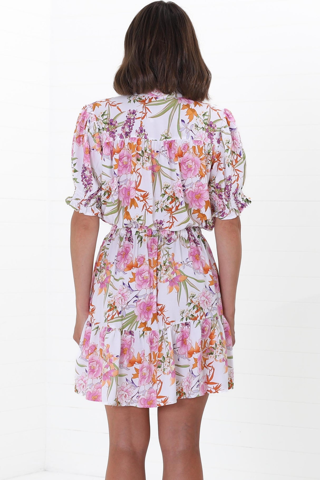 JAASE - Rosi Mini Dress: Mandarin Collar Short Balloon Sleeve Mini in Acadia Print