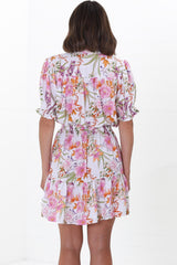 JAASE - Rosi Mini Dress: Mandarin Collar Short Balloon Sleeve Mini in Acadia Print