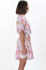 JAASE - Rosi Mini Dress: Mandarin Collar Short Balloon Sleeve Mini in Acadia Print