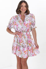 JAASE - Rosi Mini Dress: Mandarin Collar Short Balloon Sleeve Mini in Acadia Print