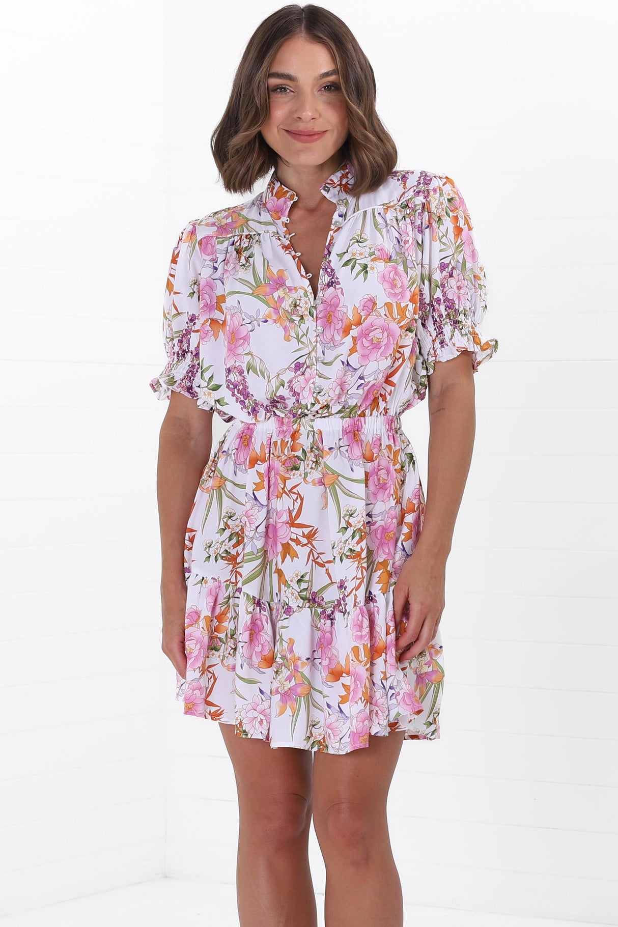 JAASE - Rosi Mini Dress: Mandarin Collar Short Balloon Sleeve Mini in Acadia Print