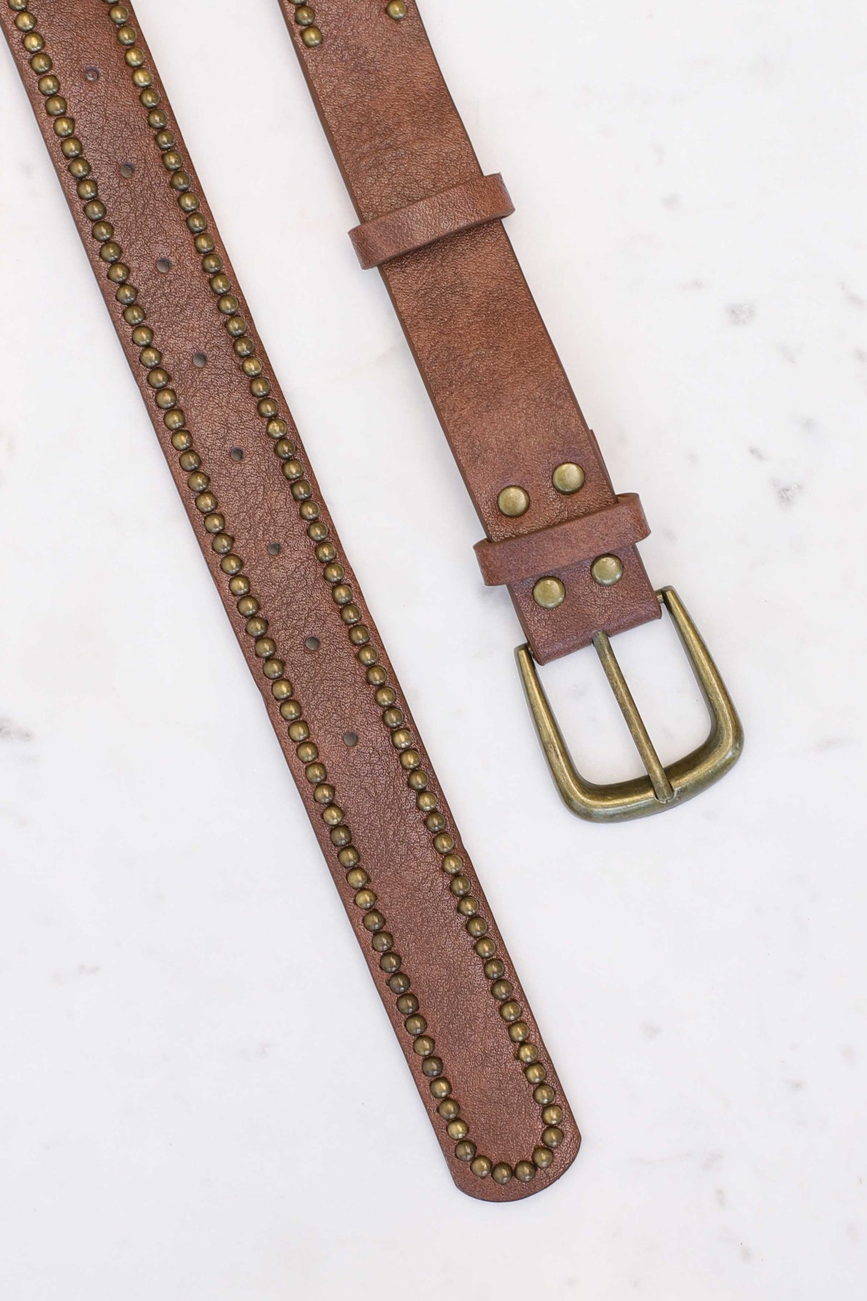Jace PU Leather Gold Buckle Studded Belt - Brown