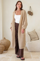 Jacky Cardigan - Ribbed Longline Knit with Balloon Sleeves and Pockets in Beige